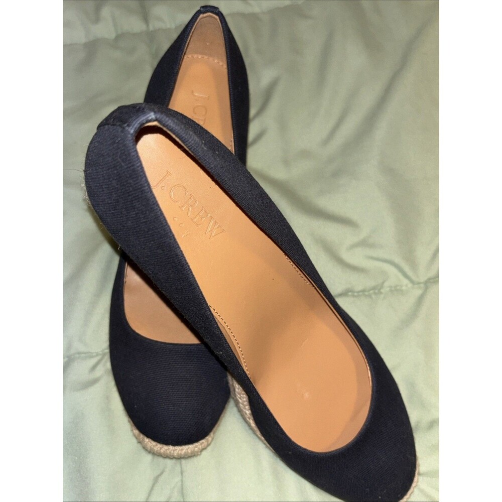 J. Crew Preppy Navy Blue Canvas Espadrille Wedges Jute Heel Size 6.5